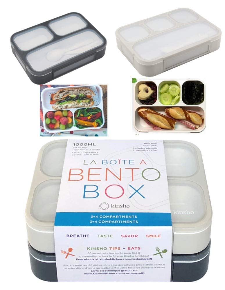 kinsho Leakproof BentoBox LunchBoxes for Women Kids Large Green 4 Compartments and Mini Blue 3 Compartment Containers for Lunches Snacks School Travel 2 pack set