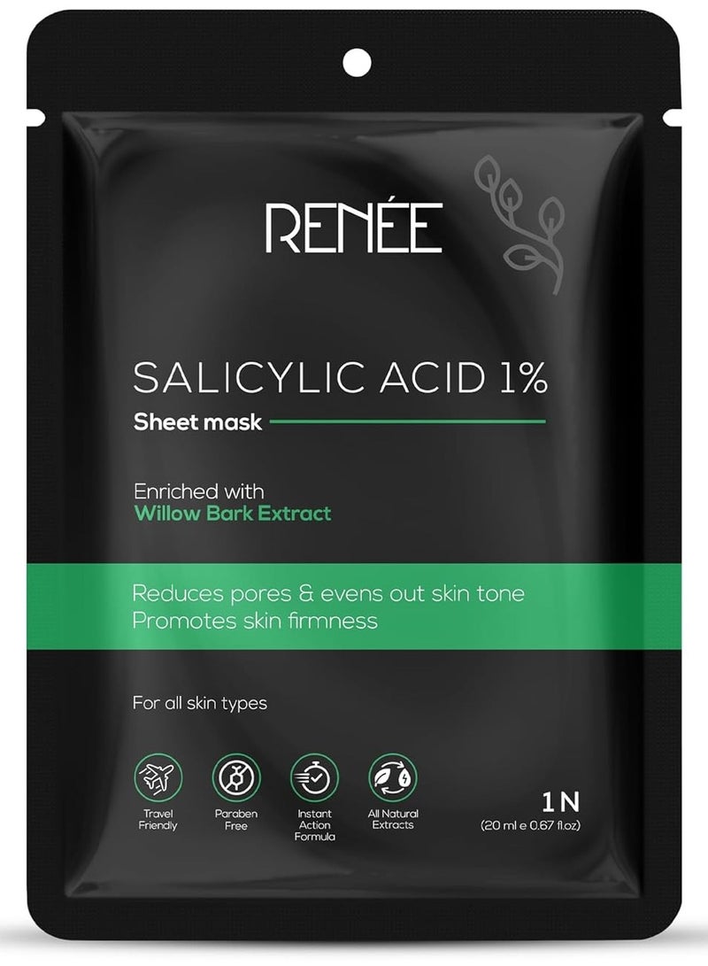 رينيه قناع ورقي من حمض الساليسيليك من رينيه يقلل من ظهور المسام وعلامات حب الشباب والخطوط الدقيقة ويهدئ ويرطب البشرة الباهتة والمتعبة لجميع أنواع البشرة، عبوة من قطعة واحدة - Image 1