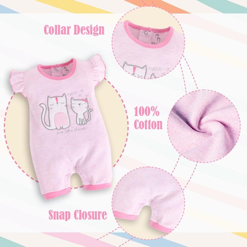BABY GO 100% Cotton Half Sleeves Romper for Girls - Pink Cat Design - Image 5