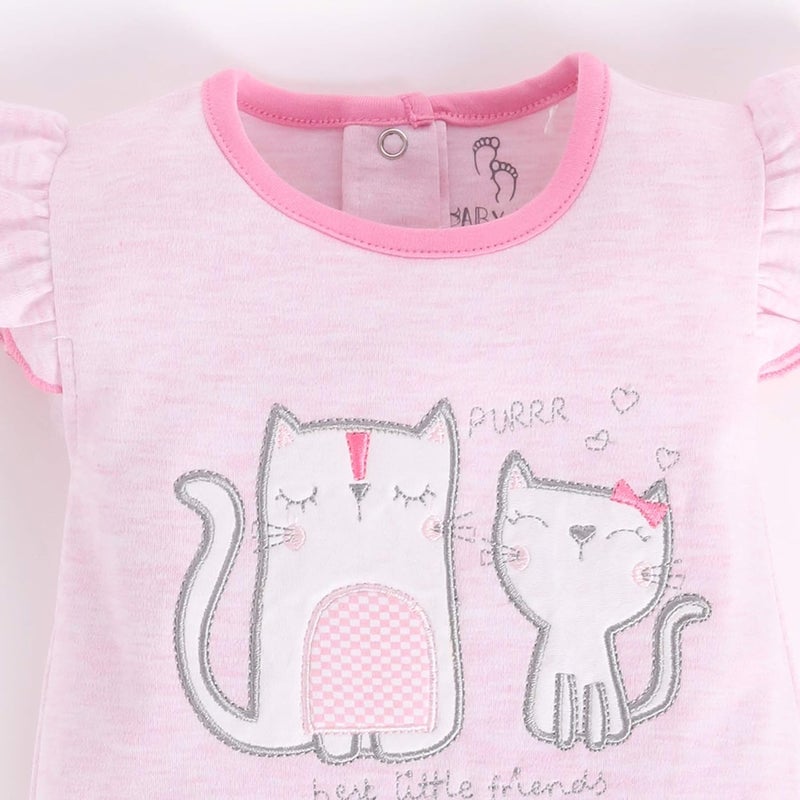 BABY GO 100% Cotton Half Sleeves Romper for Girls - Pink Cat Design - Image 4