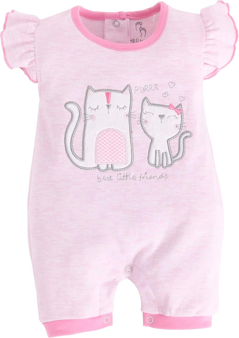 BABY GO 100% Cotton Half Sleeves Romper for Girls - Pink Cat Design - Image 1