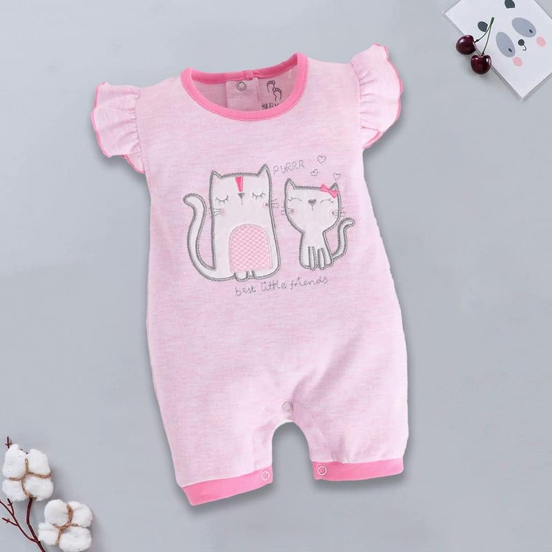 BABY GO 100% Cotton Half Sleeves Romper for Girls - Pink Cat Design - Image 2