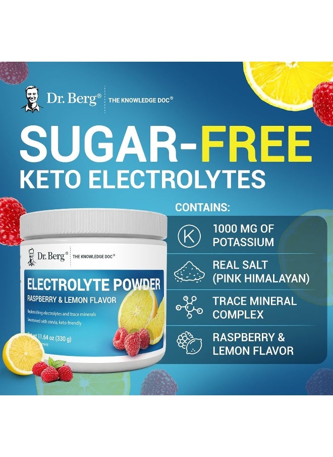 Dr. Berg Hydration Keto Electrolyte Powder - Enhanced w/ 1,000mg of Potassium & Real Pink Himalayan Salt (NOT Table Salt) - Raspberry & Lemon Flavor Hydration Drink Mix Supplement - 50 Servings
