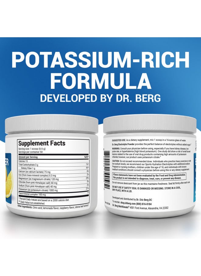 Dr. Berg Hydration Keto Electrolyte Powder - Enhanced w/ 1,000mg of Potassium & Real Pink Himalayan Salt (NOT Table Salt) - Raspberry & Lemon Flavor Hydration Drink Mix Supplement - 50 Servings