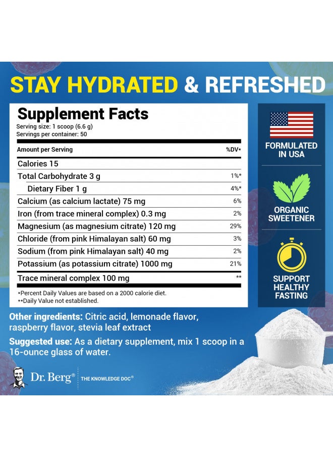 Dr. Berg Hydration Keto Electrolyte Powder - Enhanced w/ 1,000mg of Potassium & Real Pink Himalayan Salt (NOT Table Salt) - Raspberry & Lemon Flavor Hydration Drink Mix Supplement - 50 Servings