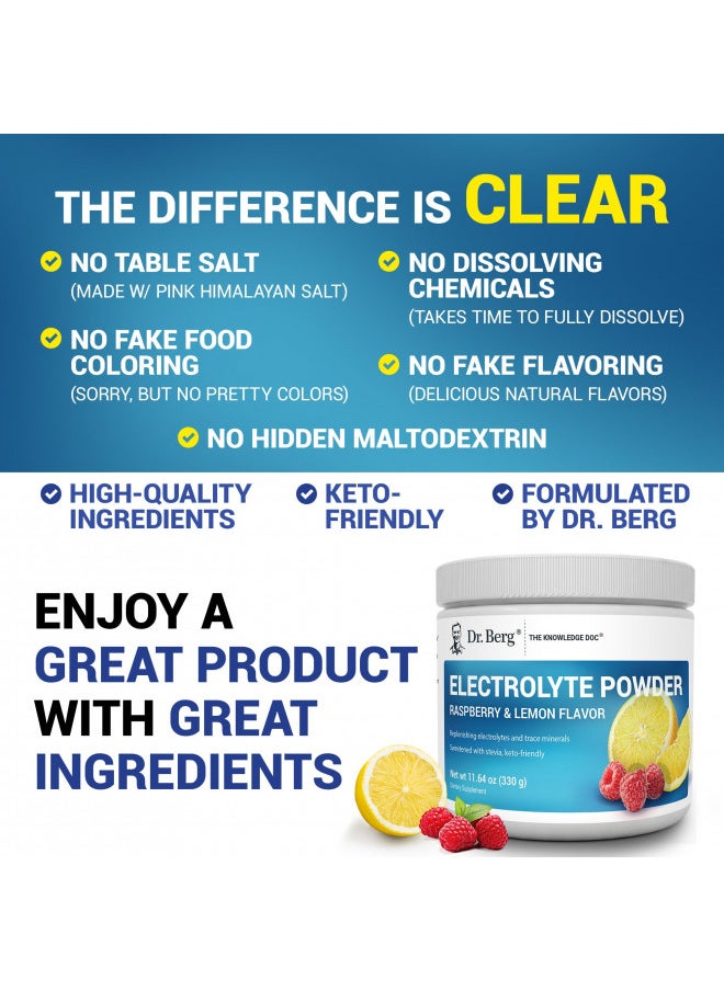 Dr. Berg Hydration Keto Electrolyte Powder - Enhanced w/ 1,000mg of Potassium & Real Pink Himalayan Salt (NOT Table Salt) - Raspberry & Lemon Flavor Hydration Drink Mix Supplement - 50 Servings