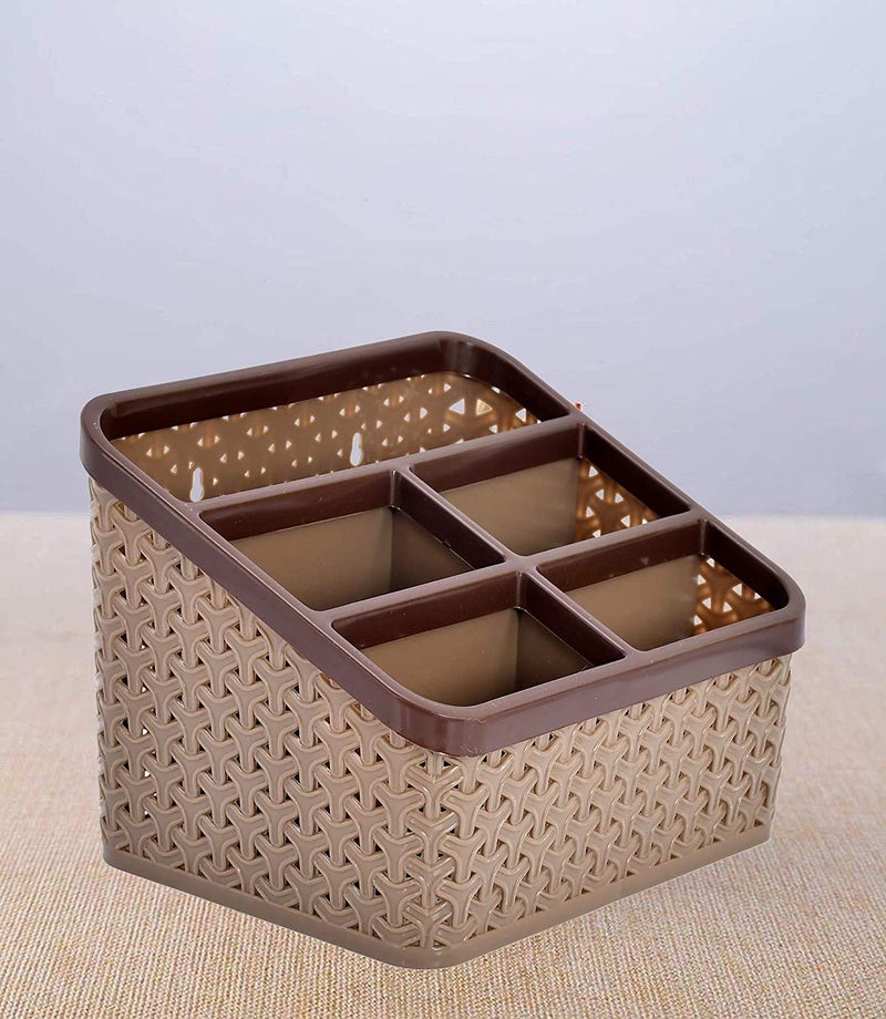 Kuber Industries Kuber Industries Desk Organizer Box With 5 CompartmentPlastic Stationery Storage standCutlery Stand Bathroom Stand Pack of 3 Brown  - Image 2