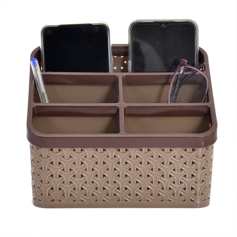 Kuber Industries Kuber Industries Desk Organizer Box With 5 CompartmentPlastic Stationery Storage standCutlery Stand Bathroom Stand Pack of 3 Brown  - Image 3