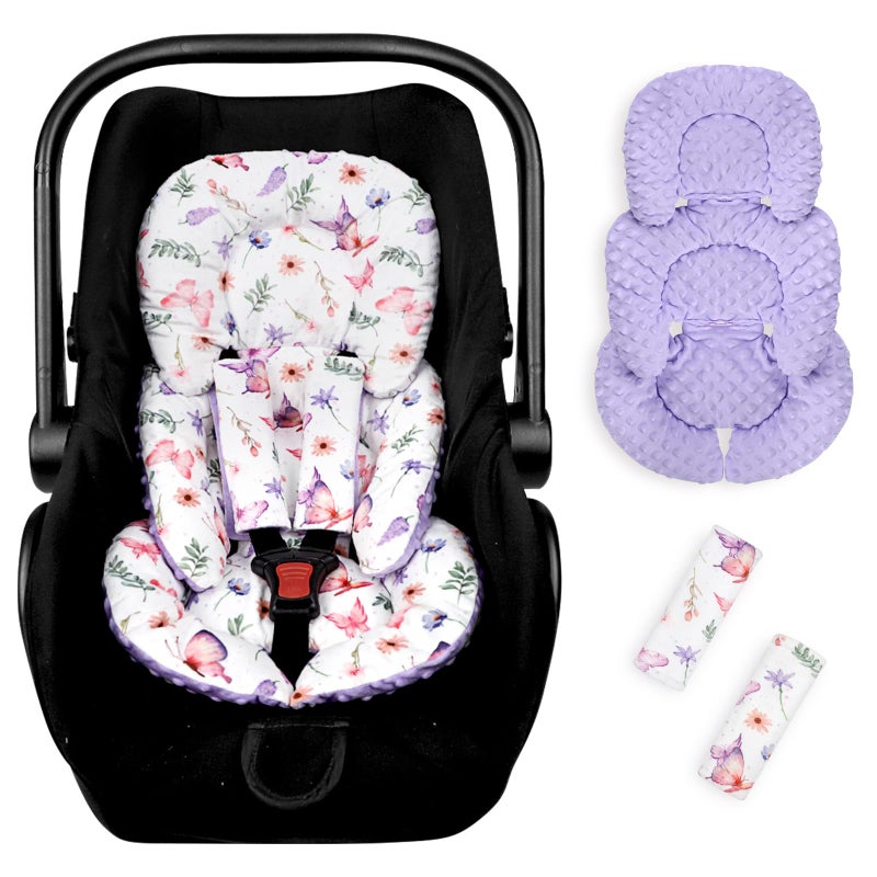 Pea Pod Infant Car Seat Insert with Strap Covers, All in One Reversible Baby Car Seat Head Support for Newborn, 3D Soft Minky Carseat Cushion for Preemie to Infant, Stroller, Swing, Bouncer, Butterfly - Image 1