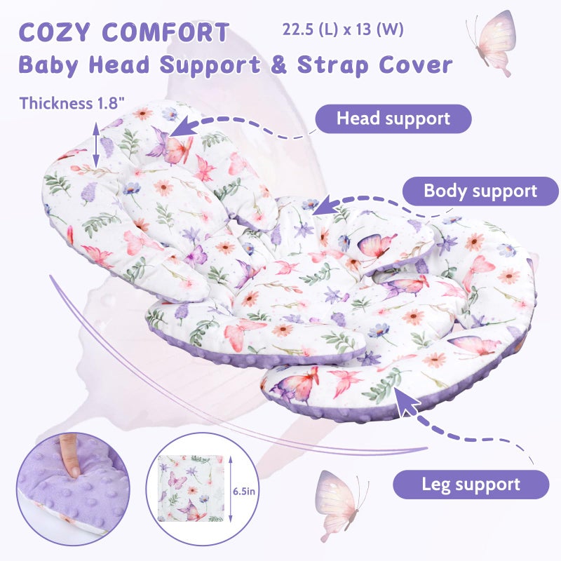 Pea Pod Infant Car Seat Insert with Strap Covers, All in One Reversible Baby Car Seat Head Support for Newborn, 3D Soft Minky Carseat Cushion for Preemie to Infant, Stroller, Swing, Bouncer, Butterfly - Image 2