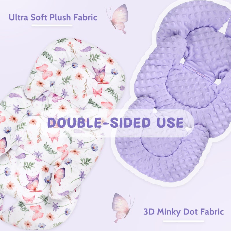 Pea Pod Infant Car Seat Insert with Strap Covers, All in One Reversible Baby Car Seat Head Support for Newborn, 3D Soft Minky Carseat Cushion for Preemie to Infant, Stroller, Swing, Bouncer, Butterfly - Image 3