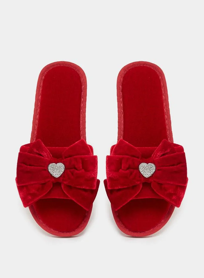 Styli Velvet Look Bow Design Embellished Bedroom Slippers