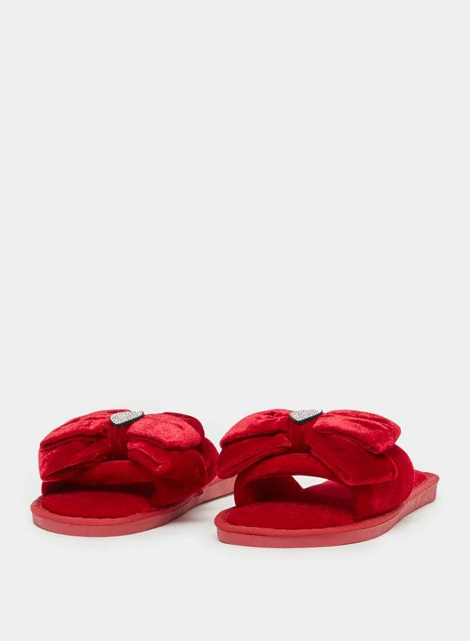 Styli Velvet Look Bow Design Embellished Bedroom Slippers