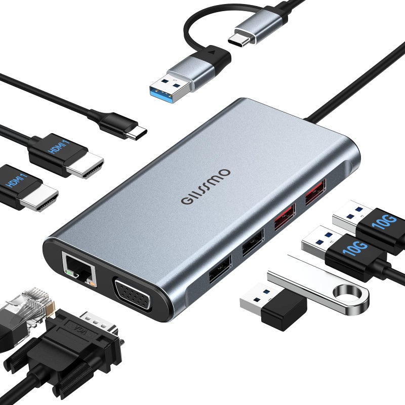GIISSMO USB Docking Station Dual Monitor, GIISSMO 9-in-1 USB A 3.0 / USB C Docking Station Triple Monitor with 2 HDMI,VGA, 10Gbps USB 3.1, Gigabit Ethernet, Triple Display for Mac & MacBook & Windows Laptop - Image 1