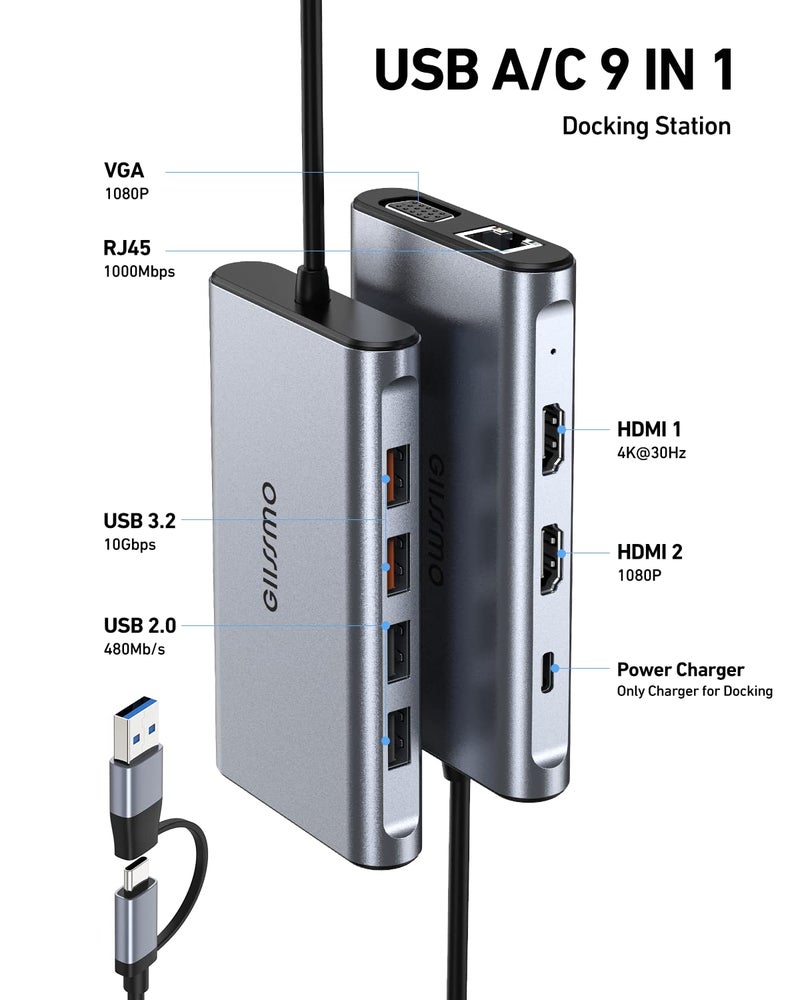 GIISSMO USB Docking Station Dual Monitor, GIISSMO 9-in-1 USB A 3.0 / USB C Docking Station Triple Monitor with 2 HDMI,VGA, 10Gbps USB 3.1, Gigabit Ethernet, Triple Display for Mac & MacBook & Windows Laptop - Image 2