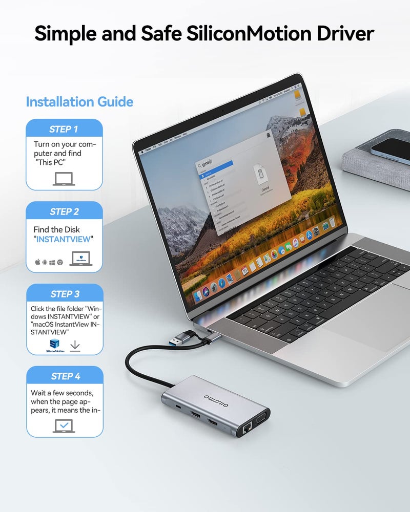 GIISSMO USB Docking Station Dual Monitor, GIISSMO 9-in-1 USB A 3.0 / USB C Docking Station Triple Monitor with 2 HDMI,VGA, 10Gbps USB 3.1, Gigabit Ethernet, Triple Display for Mac & MacBook & Windows Laptop - Image 4