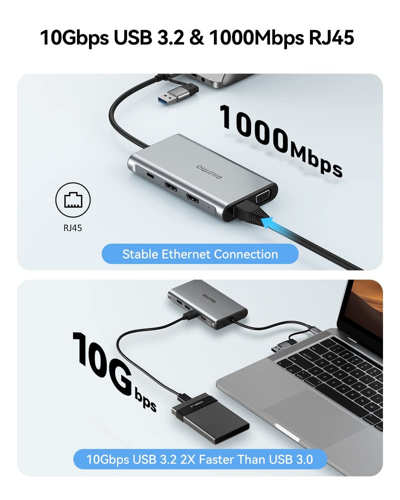 GIISSMO USB Docking Station Dual Monitor, GIISSMO 9-in-1 USB A 3.0 / USB C Docking Station Triple Monitor with 2 HDMI,VGA, 10Gbps USB 3.1, Gigabit Ethernet, Triple Display for Mac & MacBook & Windows Laptop - Image 5