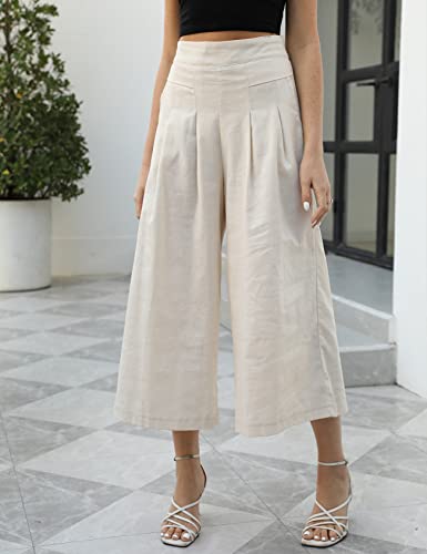 Gihuo Women' s Casual Cotton Linen Palazzo Pants Elastic Waist Wide Leg Culottes(Beige-L) - Image 2