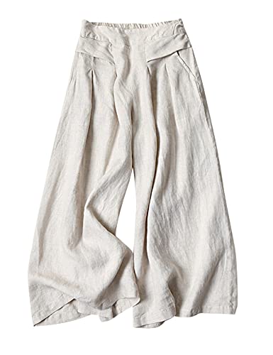 Gihuo Women' s Casual Cotton Linen Palazzo Pants Elastic Waist Wide Leg Culottes(Beige-L) - Image 1