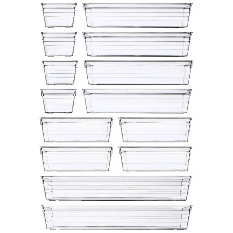 ADOV 14 PCS Clear Plastic Drawer Organiser 4 Size Eco-Friendly Tray for Makeup, Jewellery Cosmetics, Gadgets Kitchen Utensils Cutlery and Fridge Organisers, Desk Drawer Organizer Trays and Bins