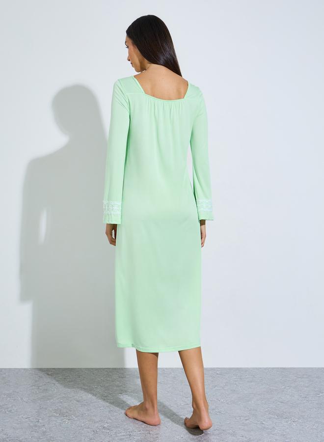 Styli Green Lace Detail Long Sleeve Nightdress - Image 4