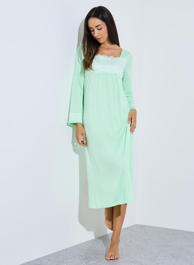 Styli Green Lace Detail Long Sleeve Nightdress - Image 1