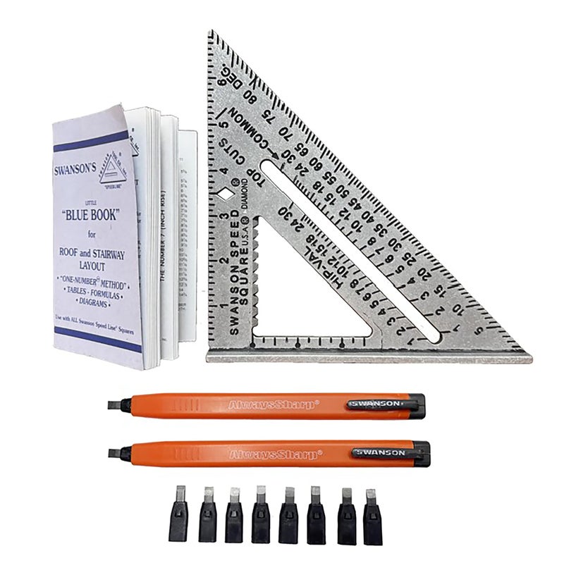 Swanson Tool Co. , Inc Swanson Tool Co S0101CP216 Value Pack includes 7-Inch Speed Square with Blue Book and 2-Pack AlwaysSharp Carpenter Pencils with Extra Black Graphite Replacement Tips - Image 1