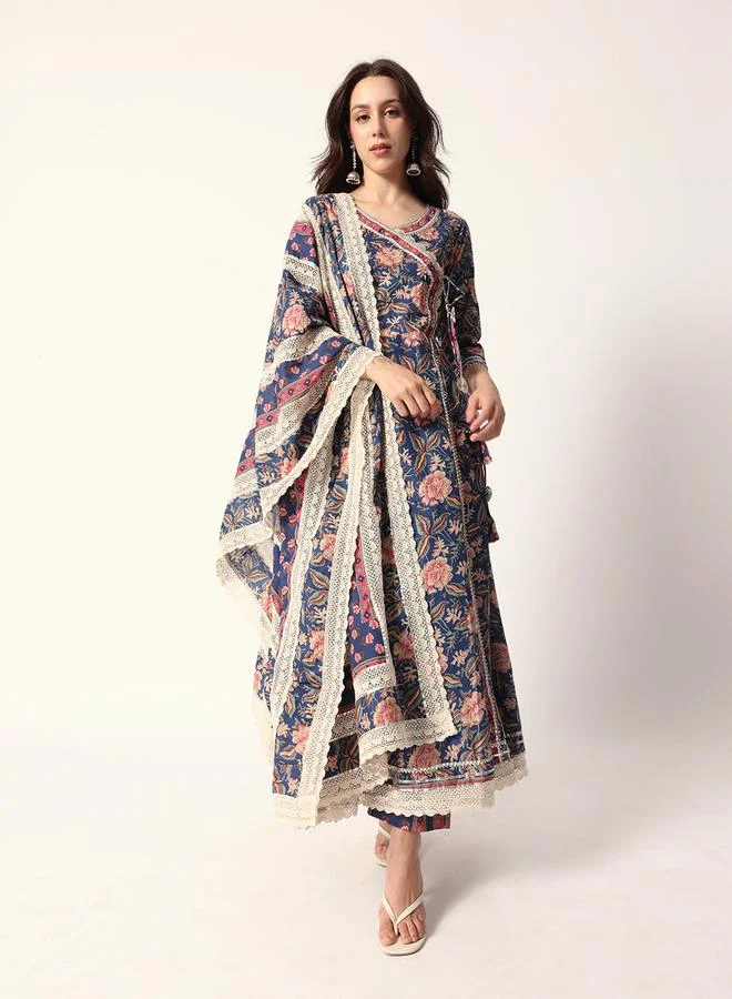 ISHIN Women's Blue Cotton Textured Tunic Full Palazzo Regular Fit Kurta Set