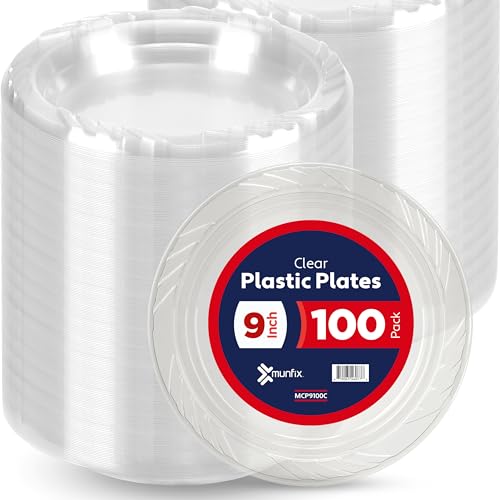 Munfix 100 Clear Plastic Plates Set - 9 Inch Disposable Dinner Plates Bulk Pack, for Party, BBQ, Picnic, Parties, Travel and Events, Microwavable Recyclable - Image 1