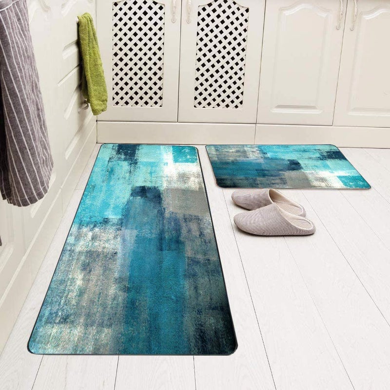 TOMWISH Kitchen Mats for Floor,TOMWISH Turquoise Kitchen Rug Grey Abstract Area Rug Art Painting 17"X48"+17"X24" Non-Slip Kitchen Rug Set for Kitchen Dining Room,Floor Home,Office,Sink,Laundry - Image 3