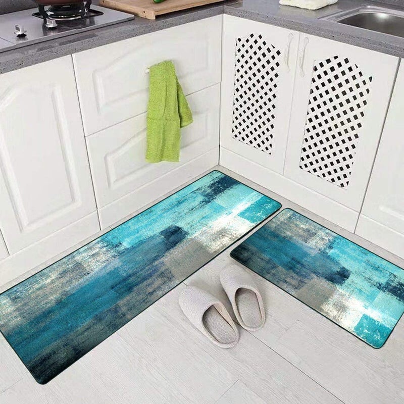 TOMWISH Kitchen Mats for Floor,TOMWISH Turquoise Kitchen Rug Grey Abstract Area Rug Art Painting 17"X48"+17"X24" Non-Slip Kitchen Rug Set for Kitchen Dining Room,Floor Home,Office,Sink,Laundry - Image 2