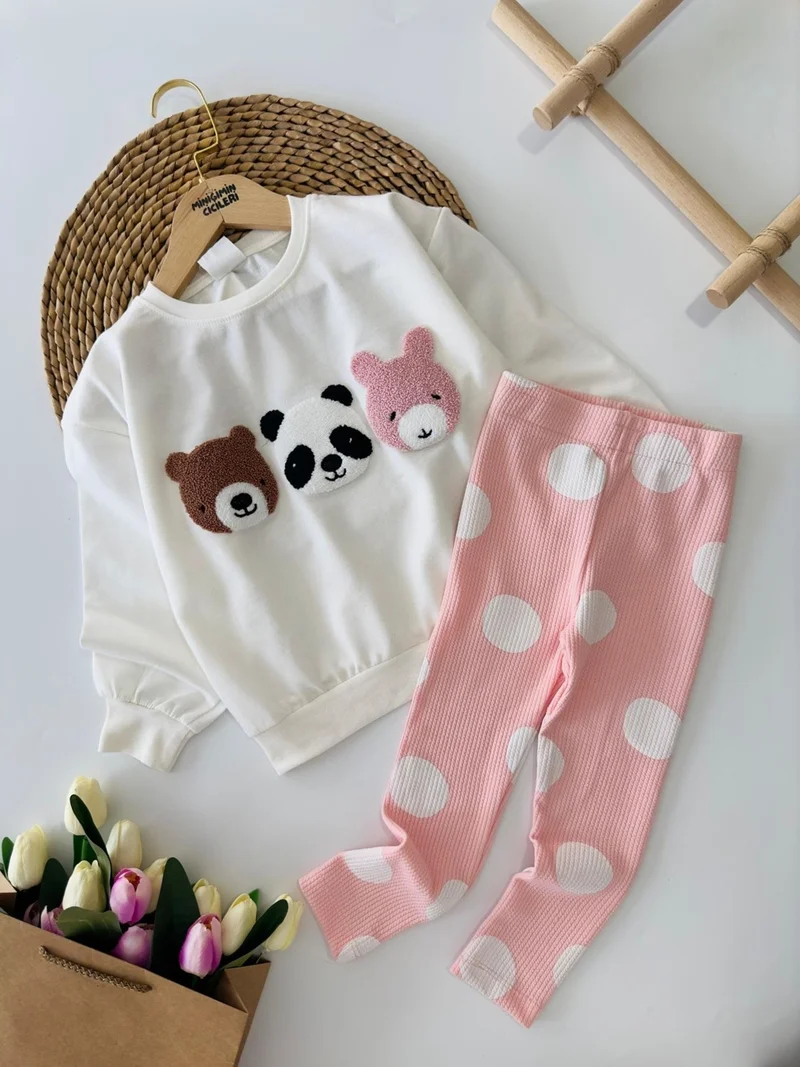 Miniğimin Cicileri My Little Ones Teddy Bear Punch Embroidery Ribbed Tights 2 Piece Girl Child Set Salmon