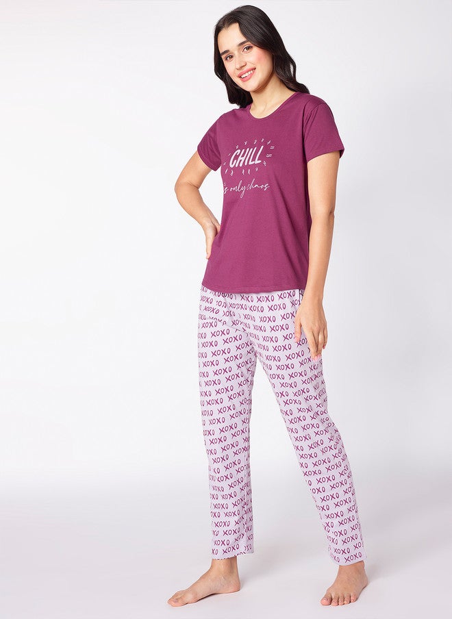 beebelle Purple & Mauve Typography Printed Night Suit - Image 4