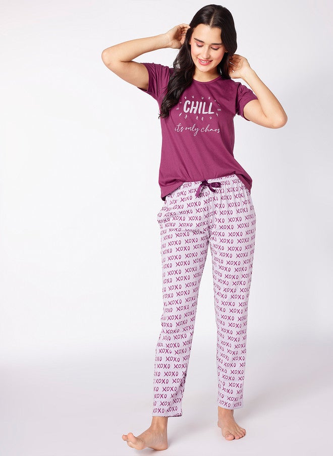 beebelle Purple & Mauve Typography Printed Night Suit - Image 2