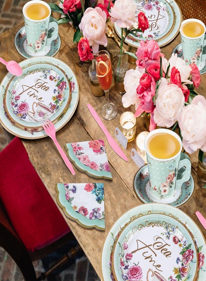 Skybooly 257 Pcs Tea Party Supplies Decoration Include Disposable Floral Paper Plate Napkin Teacup Saucer Set Cupcake Stand Centerpiece Bunting Banner Hanging Decoration for Teapot Party (Mint Green) - Image 5