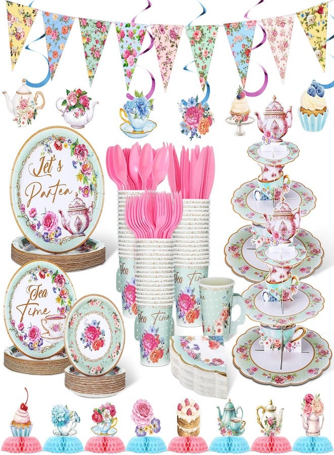 Skybooly 257 Pcs Tea Party Supplies Decoration Include Disposable Floral Paper Plate Napkin Teacup Saucer Set Cupcake Stand Centerpiece Bunting Banner Hanging Decoration for Teapot Party (Mint Green) - Image 1