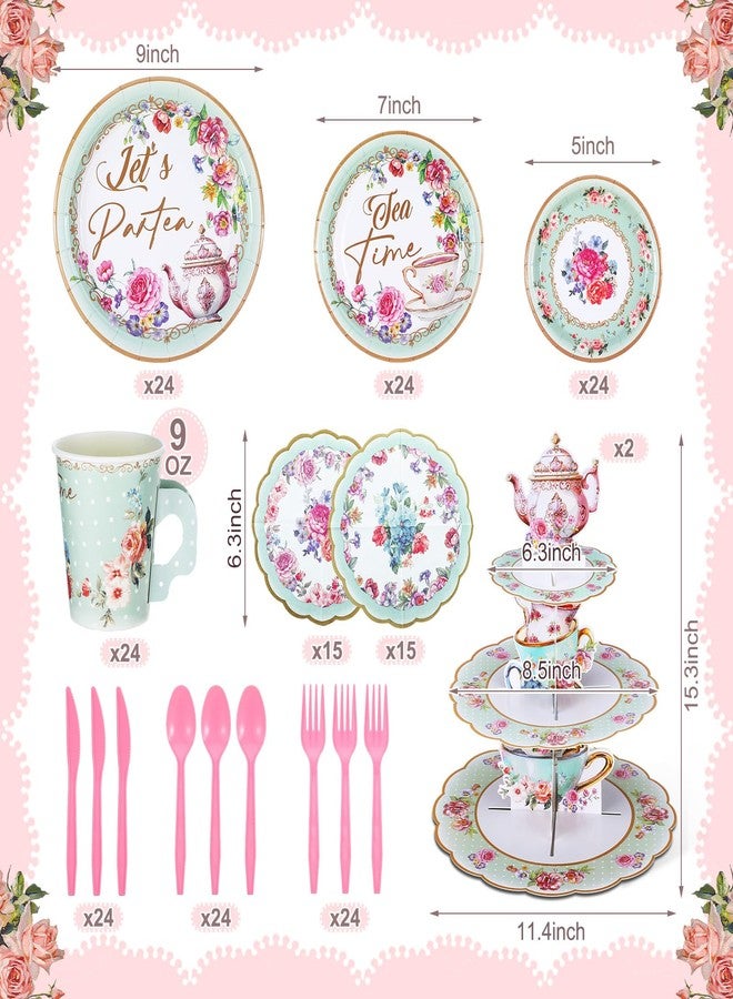 Skybooly 257 Pcs Tea Party Supplies Decoration Include Disposable Floral Paper Plate Napkin Teacup Saucer Set Cupcake Stand Centerpiece Bunting Banner Hanging Decoration for Teapot Party (Mint Green) - Image 3