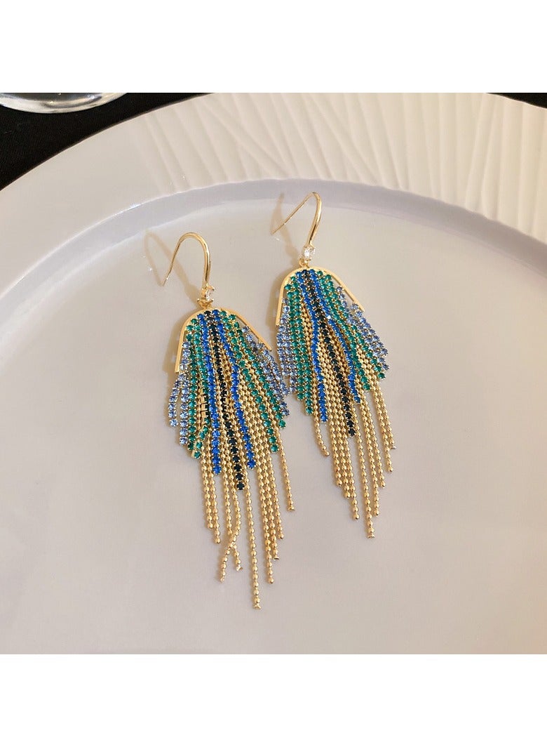 925 Silver Pin Green and Blue Tassel Earrings for Women 