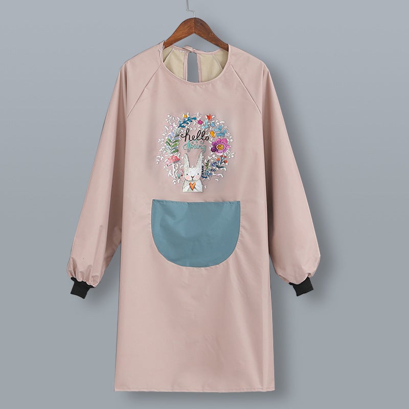 Long-Sleeved Hand-Wiping Apron Women'S Household Kitchen Waterproof And Oil-Proof Work Clothes Overalls Adult'S Cooking Apron Cartoon Net - Image 1