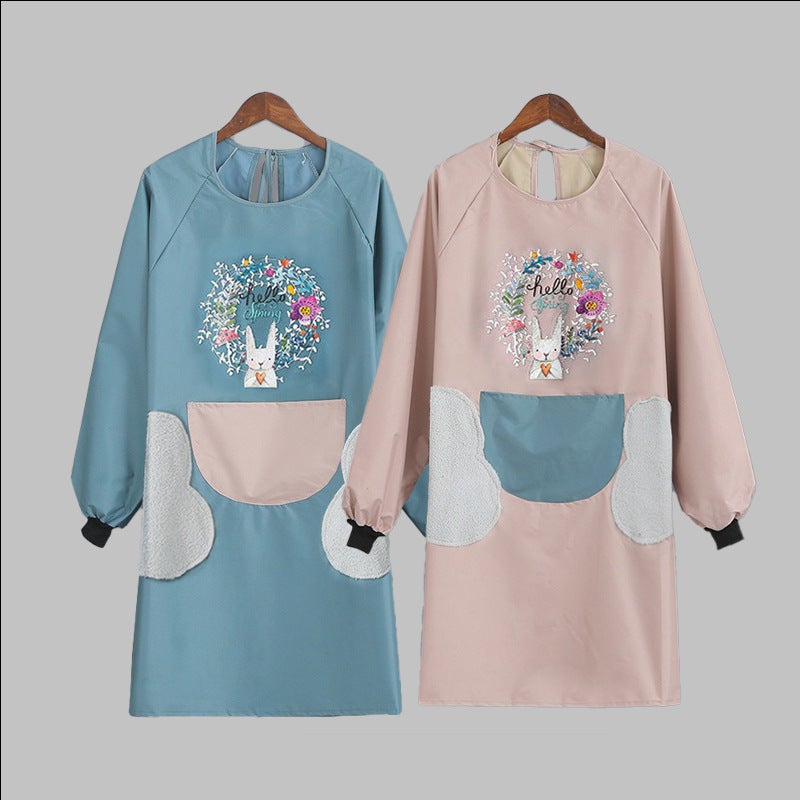 Long-Sleeved Hand-Wiping Apron Women'S Household Kitchen Waterproof And Oil-Proof Work Clothes Overalls Adult'S Cooking Apron Cartoon Net - Image 2