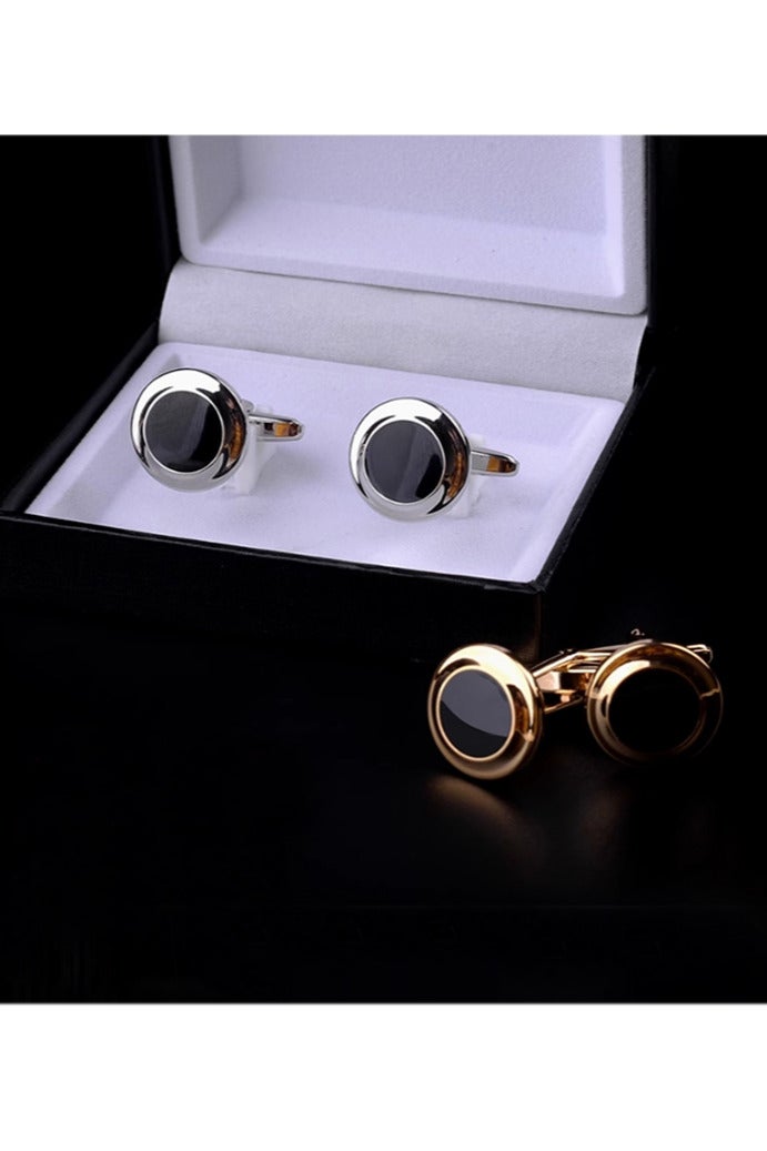 Gold Silver Frame Black Round Cufflinks, 2 PCS in One Set Alloy Jewelry Specially Design for Men's Shirt Wedding Business Gift with Delicate Package Box, 2 Colors for Selection  - Image 3