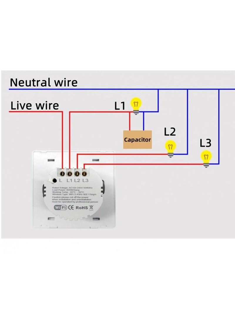 UanTii - Smart Switch Tuya Wifi Light Wall Switch No Neutral Wire Required App and Voice Remote Control 3 Gang - Image 1