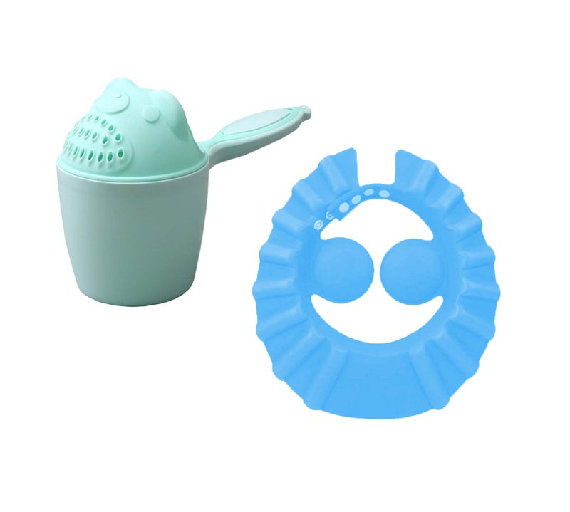 SYGA 1 Piece Green Baby Rinser with 1 Piece Blue Baby Shampoo Shower Bath Cap - Image 1