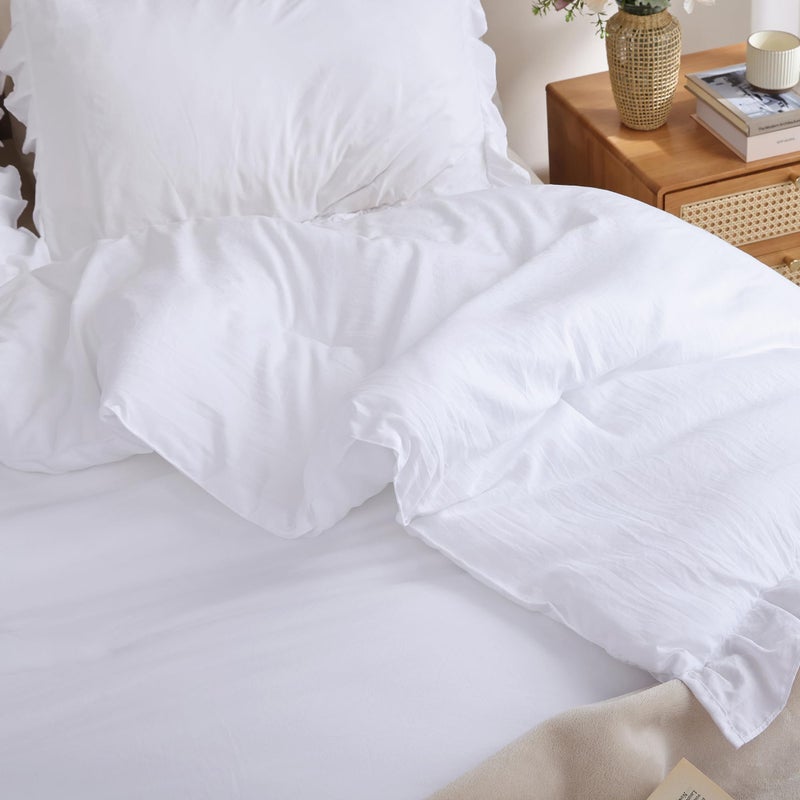 JANZAA Queen Comforter Set White Comforter 3PCS (1 Ruffle Comforter and 2 Pillowcases) Vintage Farmhouse Shabby Chic Bedding Soft Fluffy Bed Set Queen All Season - Image 5