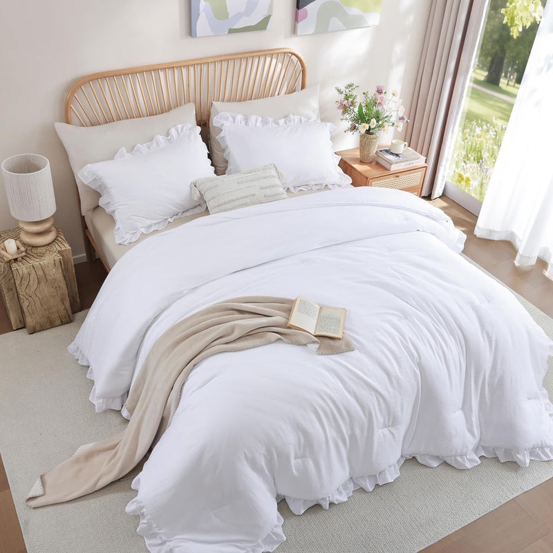 JANZAA Queen Comforter Set White Comforter 3PCS (1 Ruffle Comforter and 2 Pillowcases) Vintage Farmhouse Shabby Chic Bedding Soft Fluffy Bed Set Queen All Season - Image 4