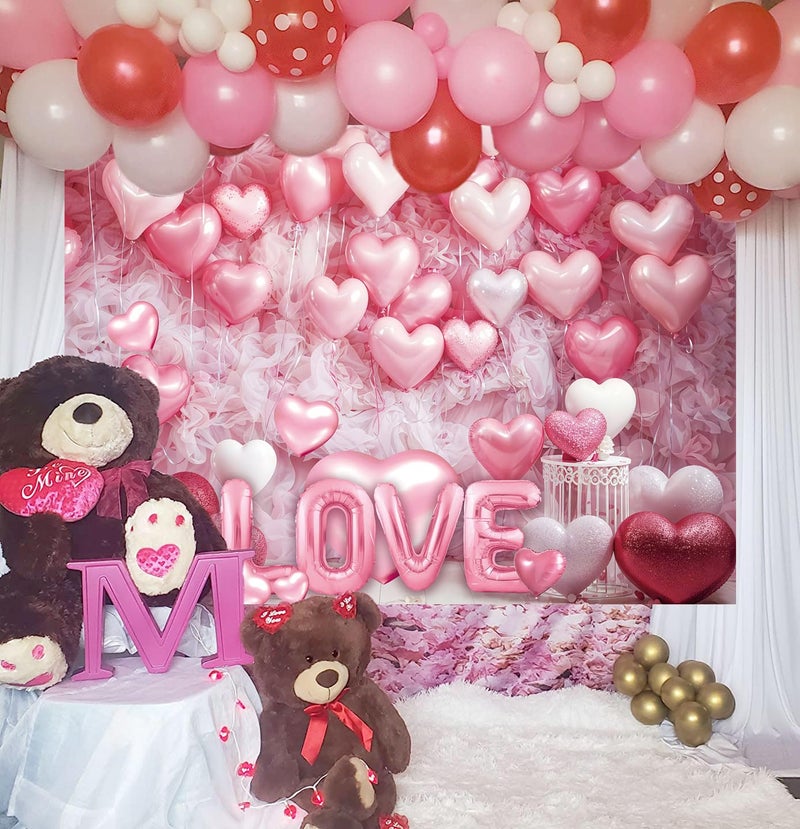 CINRAY Pink Heart Photo Backdrop Valentines Decorations 7x5FT White Wood Floor Pink Loveheart Balloons Photography Background Birthday Baby Shower Birthday Party Selfile Wall Decor - Image 4