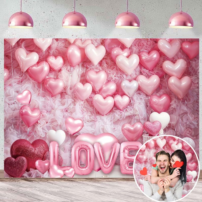 CINRAY Pink Heart Photo Backdrop Valentines Decorations 7x5FT White Wood Floor Pink Loveheart Balloons Photography Background Birthday Baby Shower Birthday Party Selfile Wall Decor - Image 1
