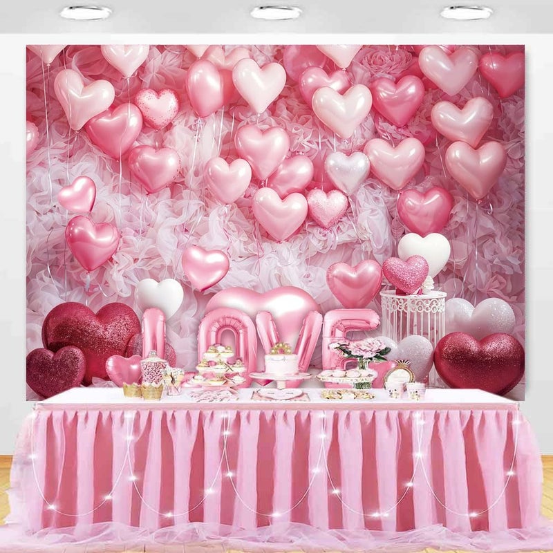 CINRAY Pink Heart Photo Backdrop Valentines Decorations 7x5FT White Wood Floor Pink Loveheart Balloons Photography Background Birthday Baby Shower Birthday Party Selfile Wall Decor - Image 2