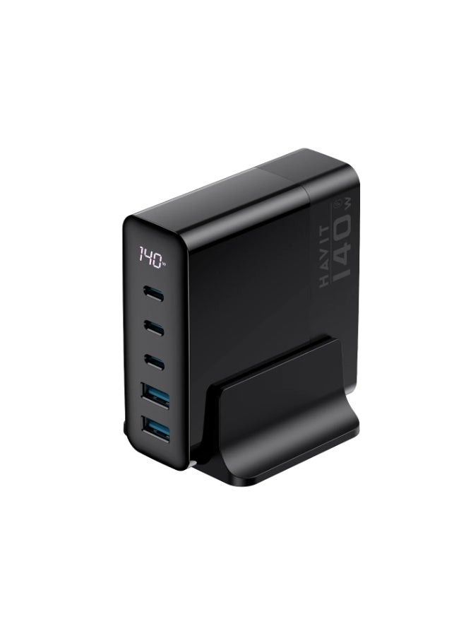 هافيت شاحن حائط سريع HAVIT UCLE004 بتقنية GaN وقوة 140 واط، مزود بـ 3 منافذ USB-C ومنفذ USB-A واحد، يدعم تقنيات الشحن السريع PD 3.1 وQC، قابس بريطاني (UK)، متوافق مع MacBook Pro وiPhone 16/15 وSamsung Galaxy وiPad وأجهزة الكمبيوتر المحمولة وغيره