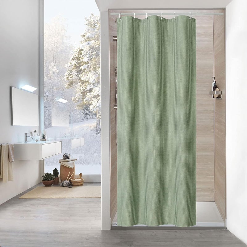 MitoVilla Green Waffle Small Stall Shower Curtain 36 x 72, Sage Green Half Size Shower Curtain Liner, Farmhouse Fabric Narrow Shower Curtains for Bathroom Decor, 36 inch Weighted Shower Curtain Set - Image 1